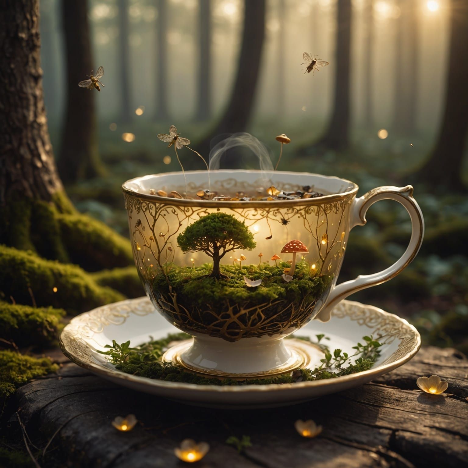 A delicate, antique tea cup containing a tiny, vibrant world with a miniature tree, misty atmosphere, and a few fireflie...