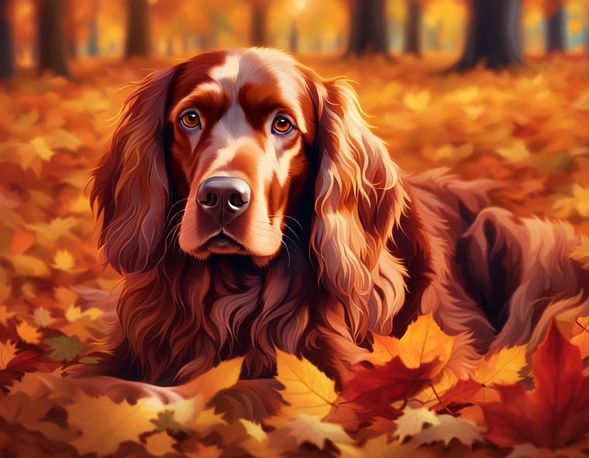 Red Setter Dog in Autumn Leaves: Hyperrealistic Art