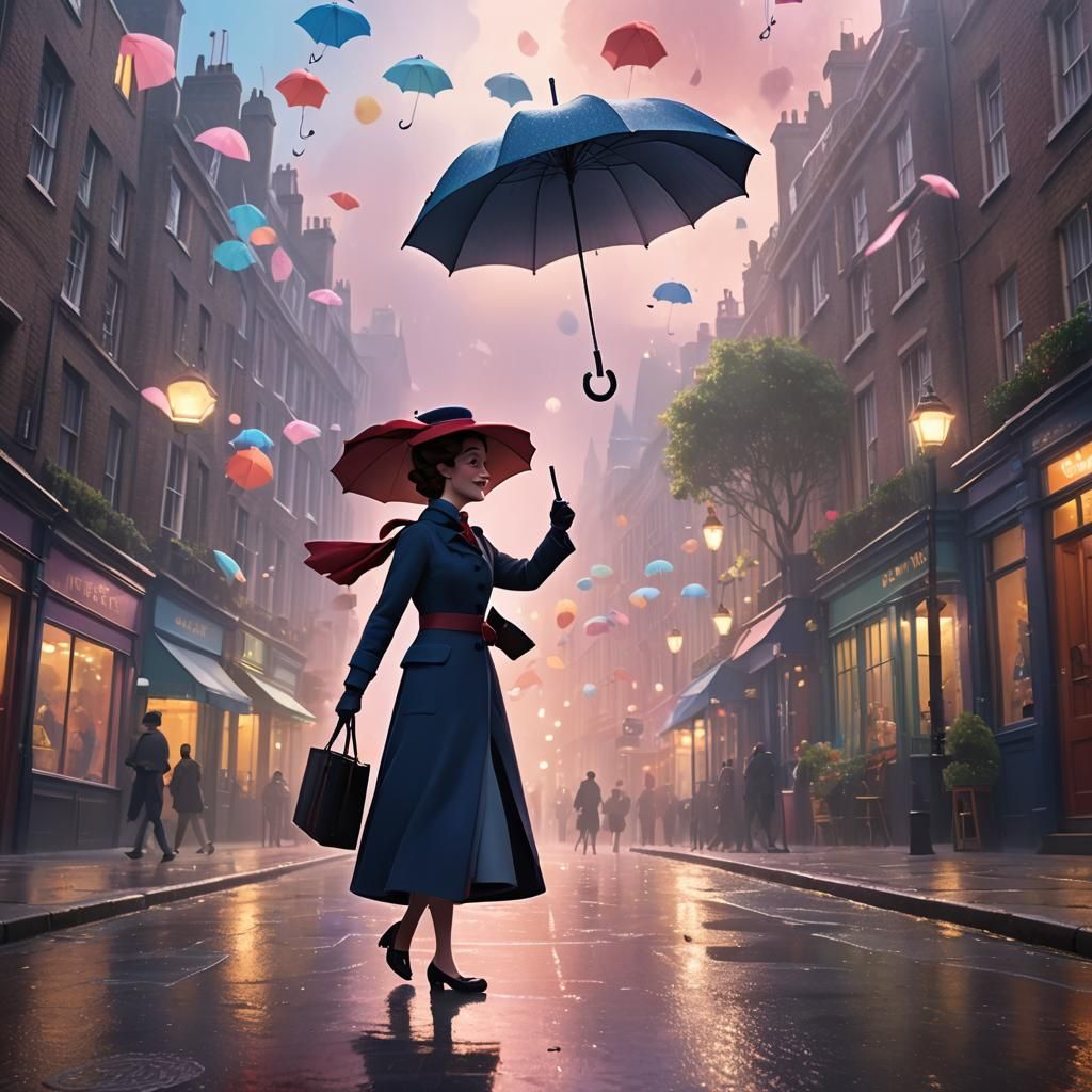Mary Poppins in Whimsical Pixar-Style London Street