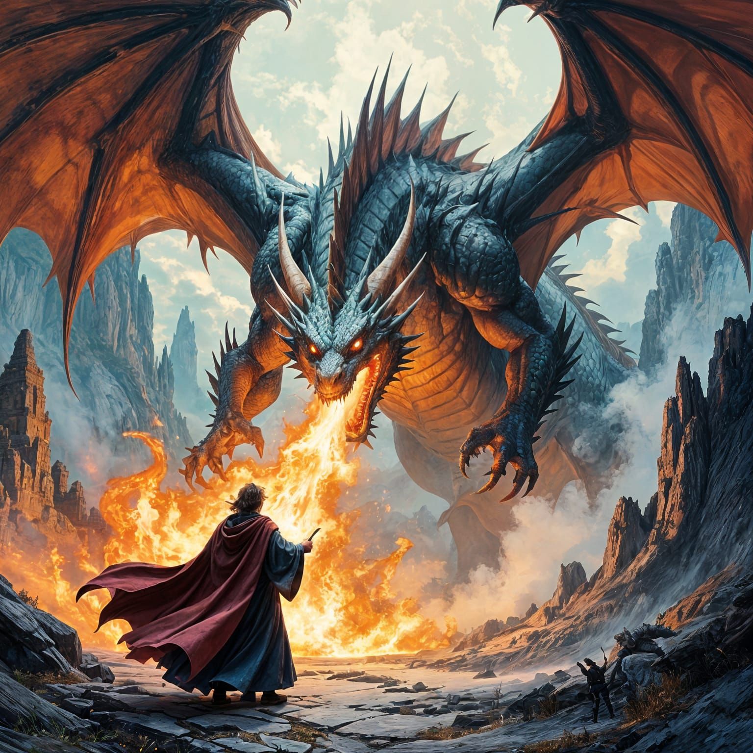 Wizard and Dragon in a Fantasy Landscape