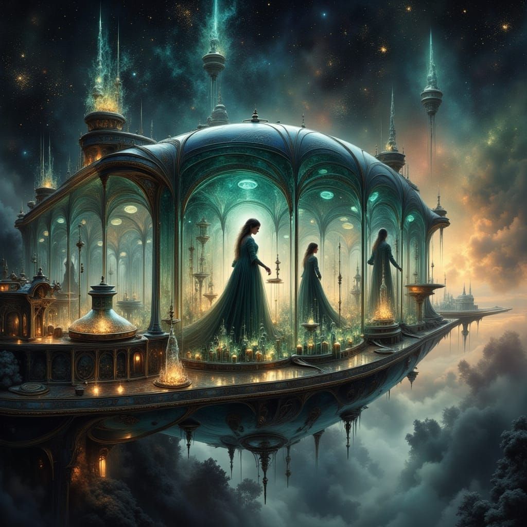 Glass Spaceship with Mystical Alchemists in Dreamlike Style