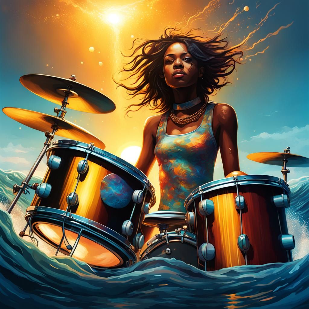 Submarine Girl Drumming with Whale in Ocean