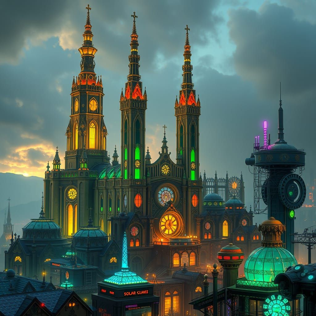 Gothic Steampunk Cathedral in Solarpunk City
