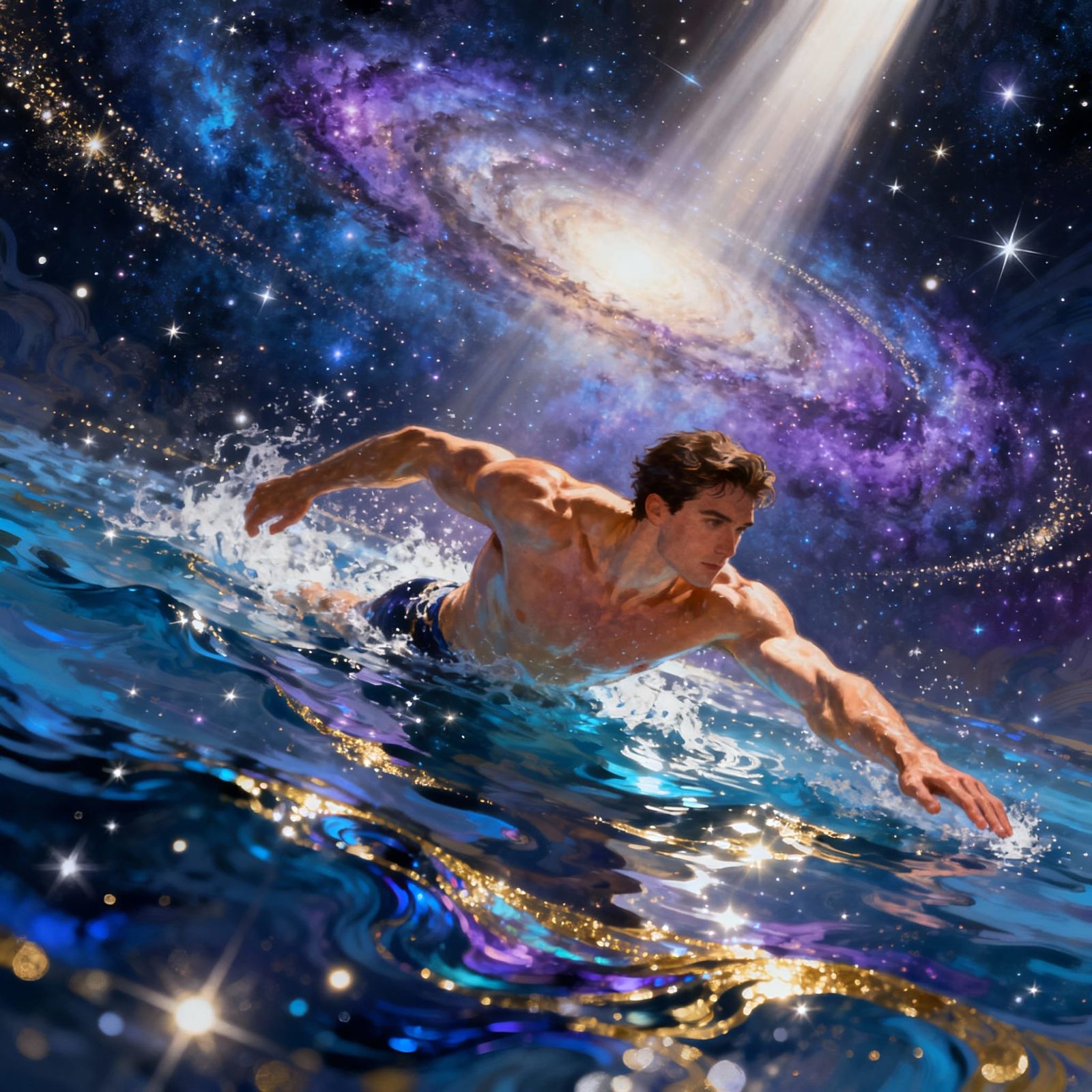 Muscular Swimmer in Cosmic Starlight Water
