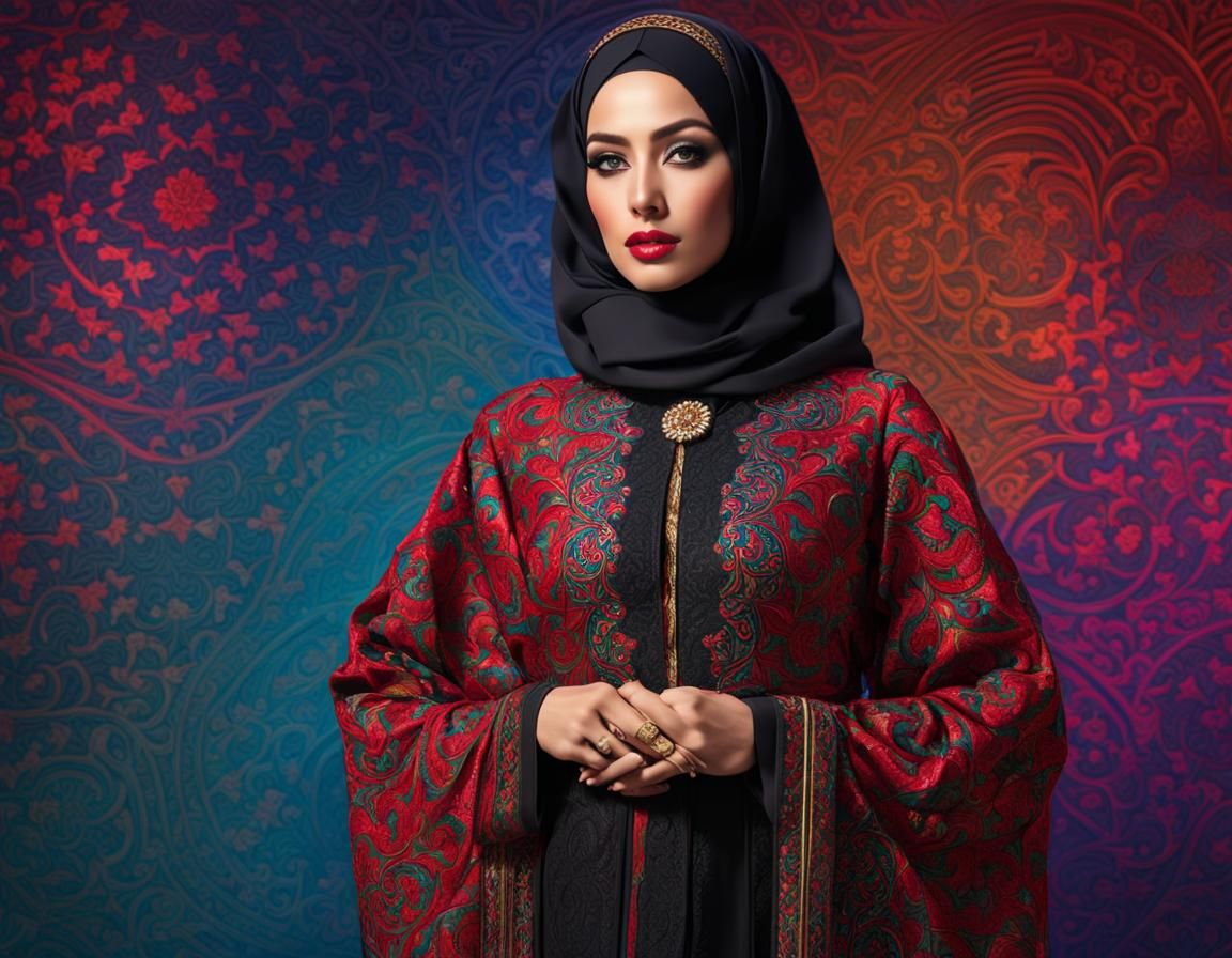 Woman in Embroidered Abaya: Digital Art Portrait