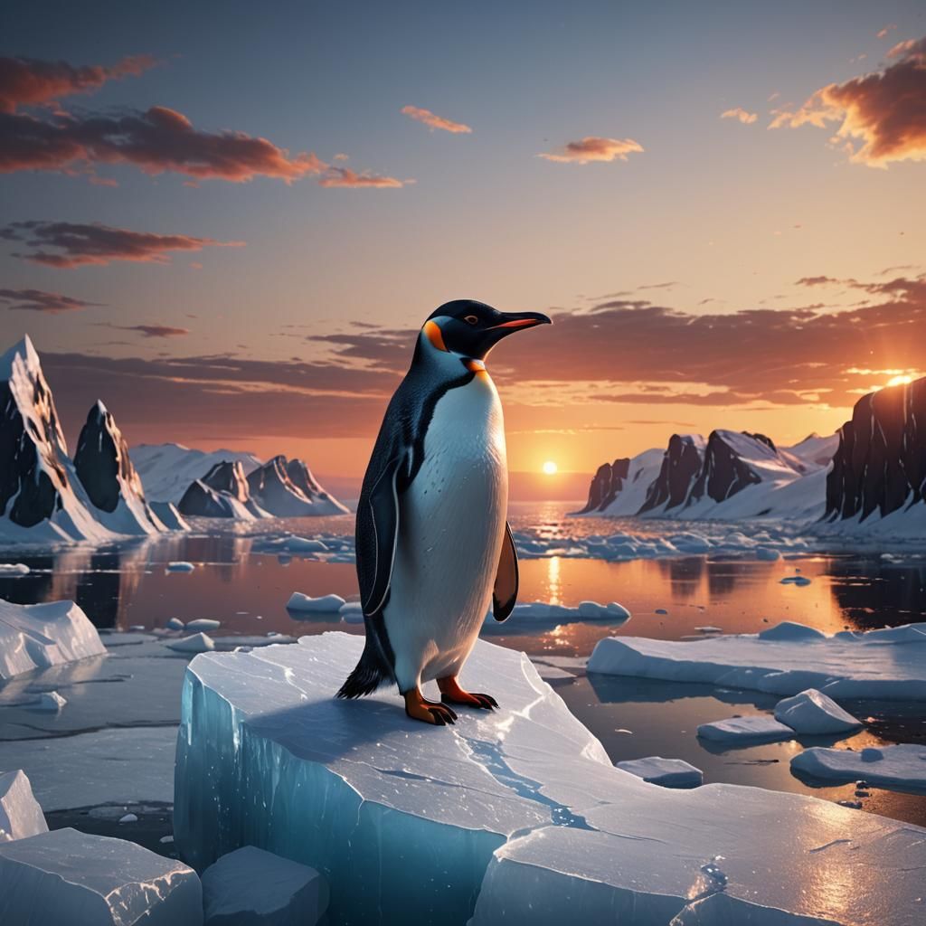 Penguin Gazing at Sunset: Detailed Matte Painting