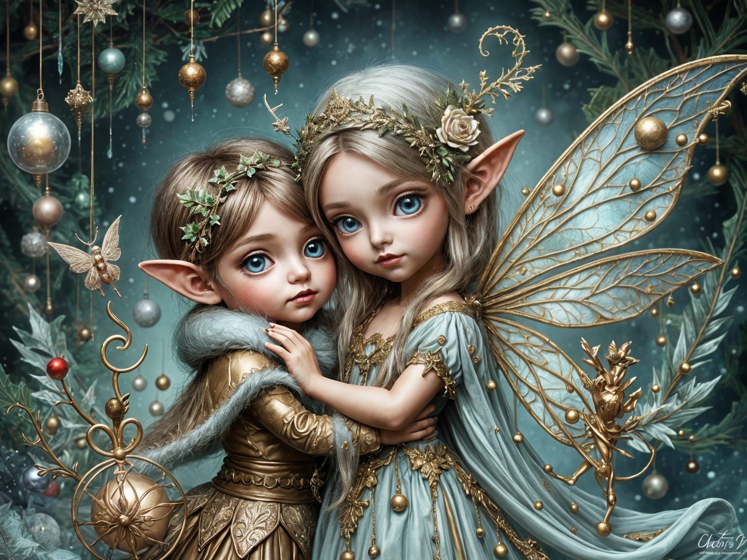 Fairy and Elf Embrace in Christmas Attire