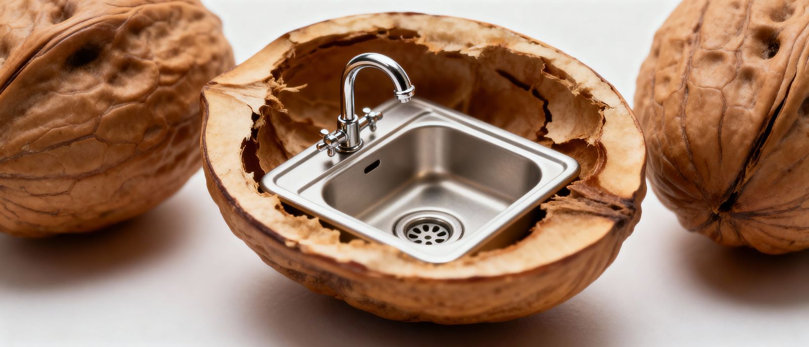 Miniature Kitchen Sink Inside a Cracked Nutshell