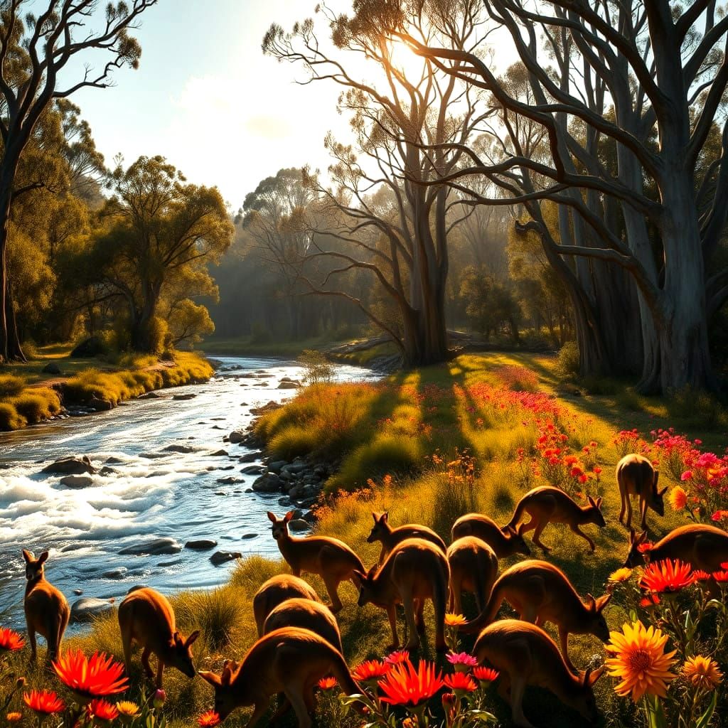 Vibrant Gumtree Landscape with Kangaroos and Wildflowers in....