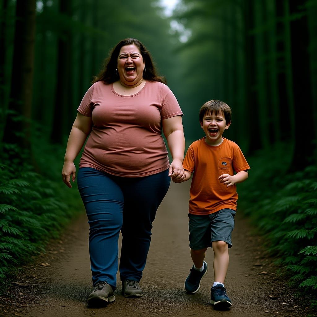 Mother and Son Stroll Through Rainforest