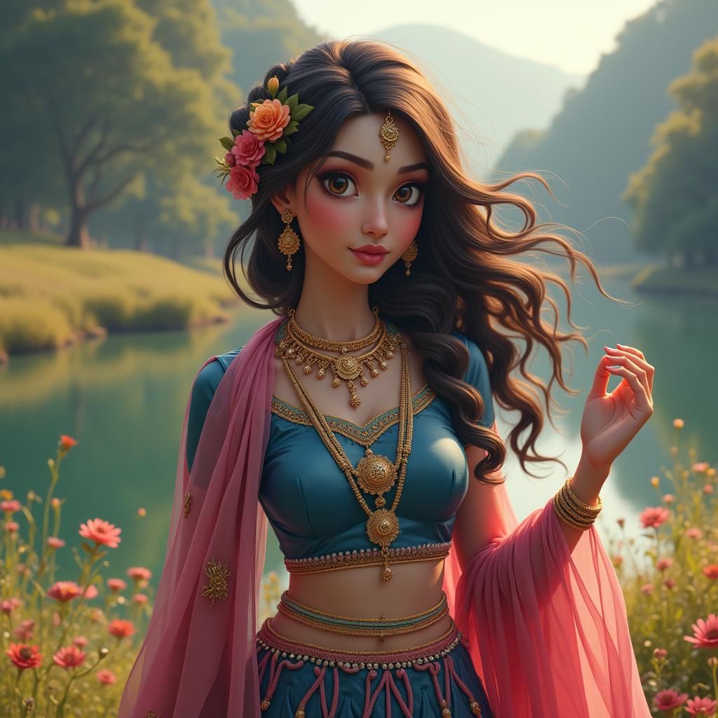 Woman in Lehenga with Expressive Eyes, Digital Art