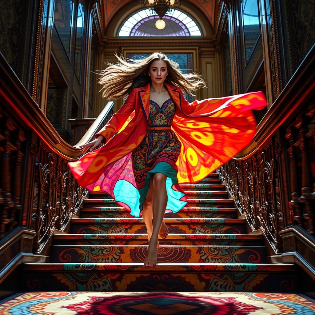 Psychedelic Woman Ascending Ornate Staircase