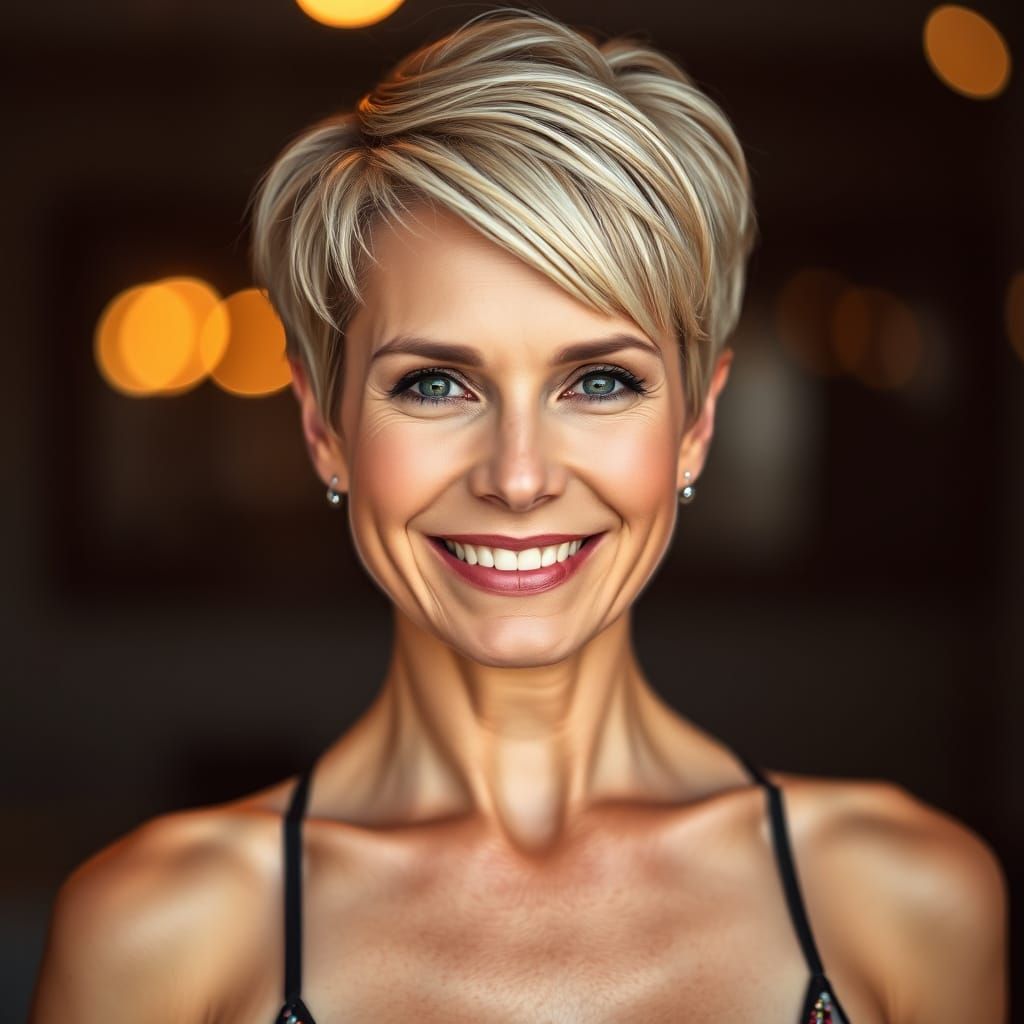Radiant Woman with Asymmetrical Haircut in Studio Portrait