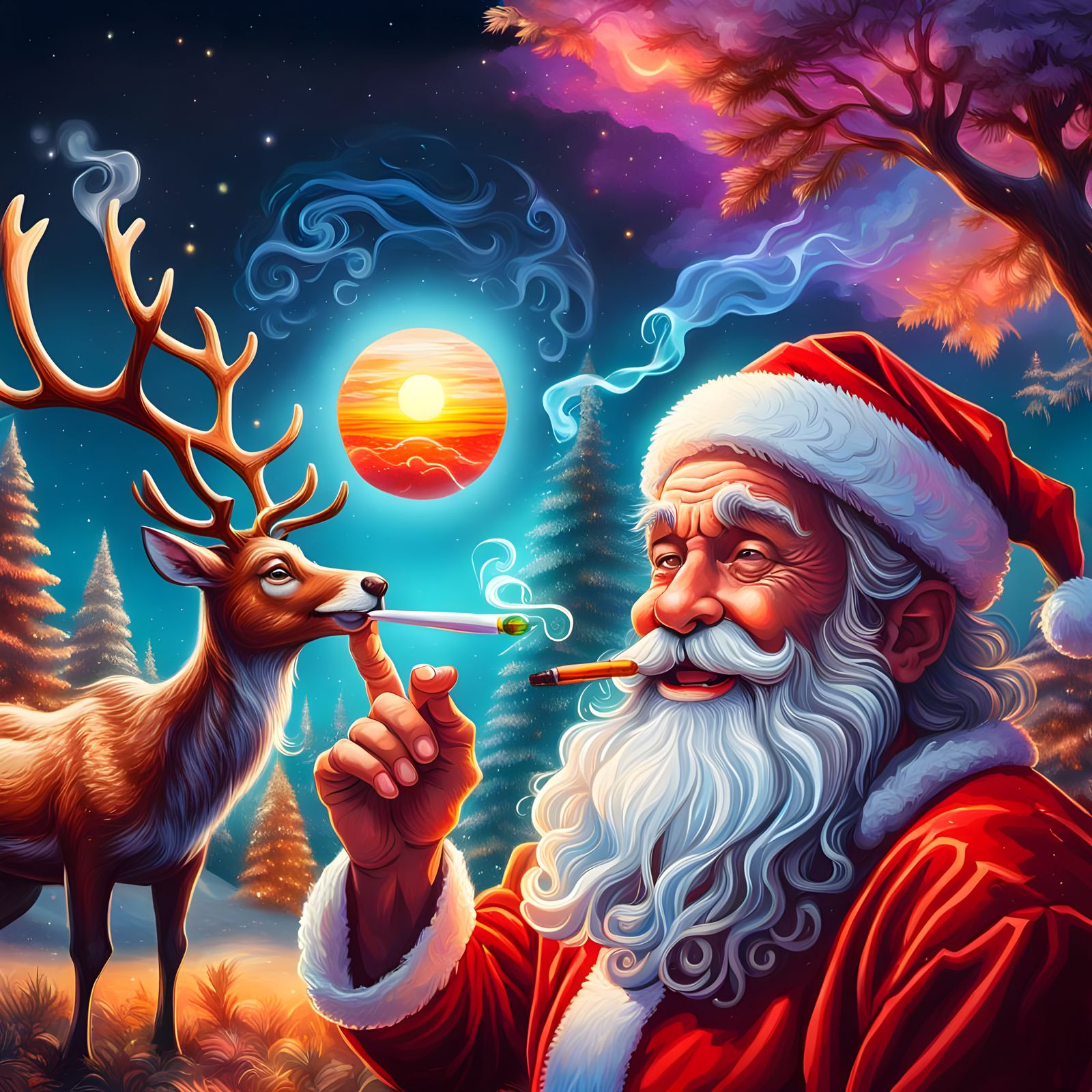 Santa Claus Smoking Joint: Astral Cosmic Illustration