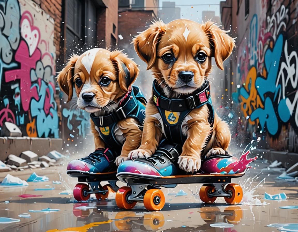Cute Puppy Ice Skating in Graffiti Art Style