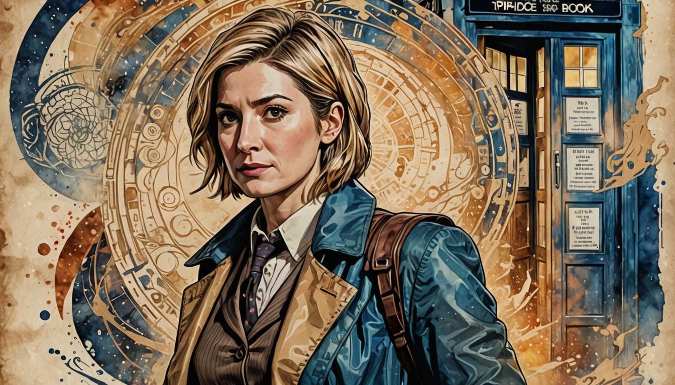 Doctor Who's 13th Doctor on Vintage Parchment in Watercolor...