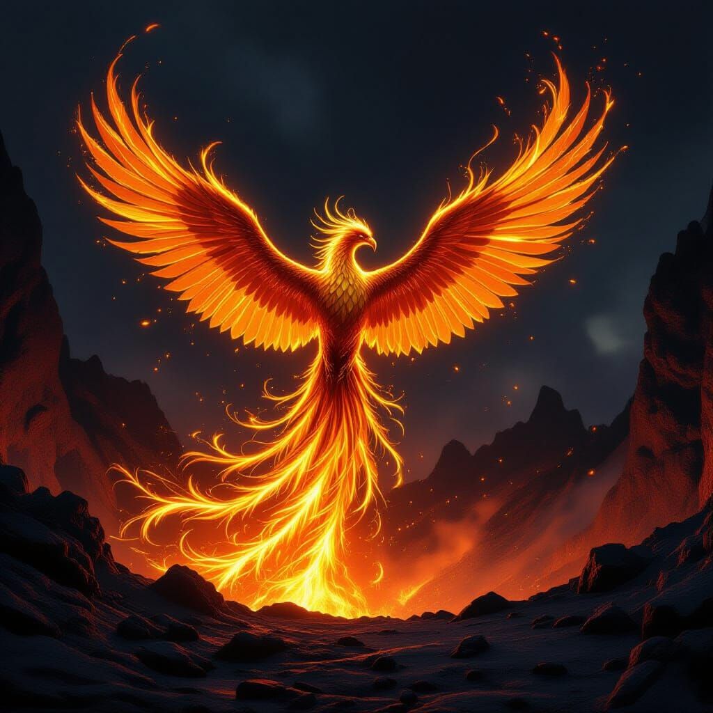 Majestic Phoenix of Molten Gold Rises From Volcano