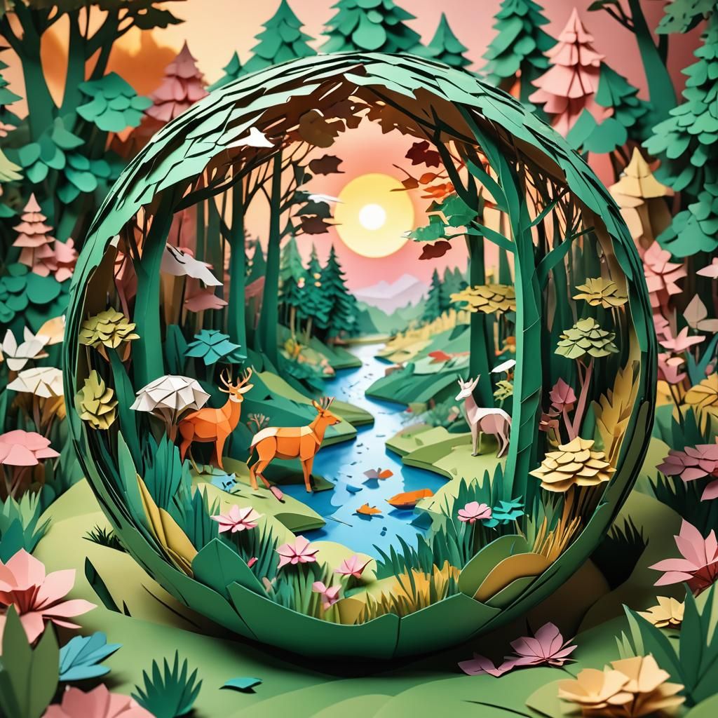 Forest in Sphere with Origami Animals at Sunset