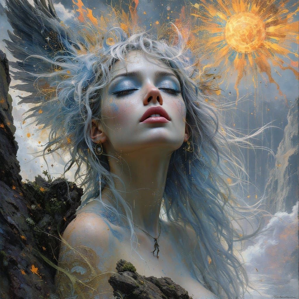 art style of Karol Bak, luis royo, Vixsin, Solardust subtle solarpunk hippie woman theme, solar rain