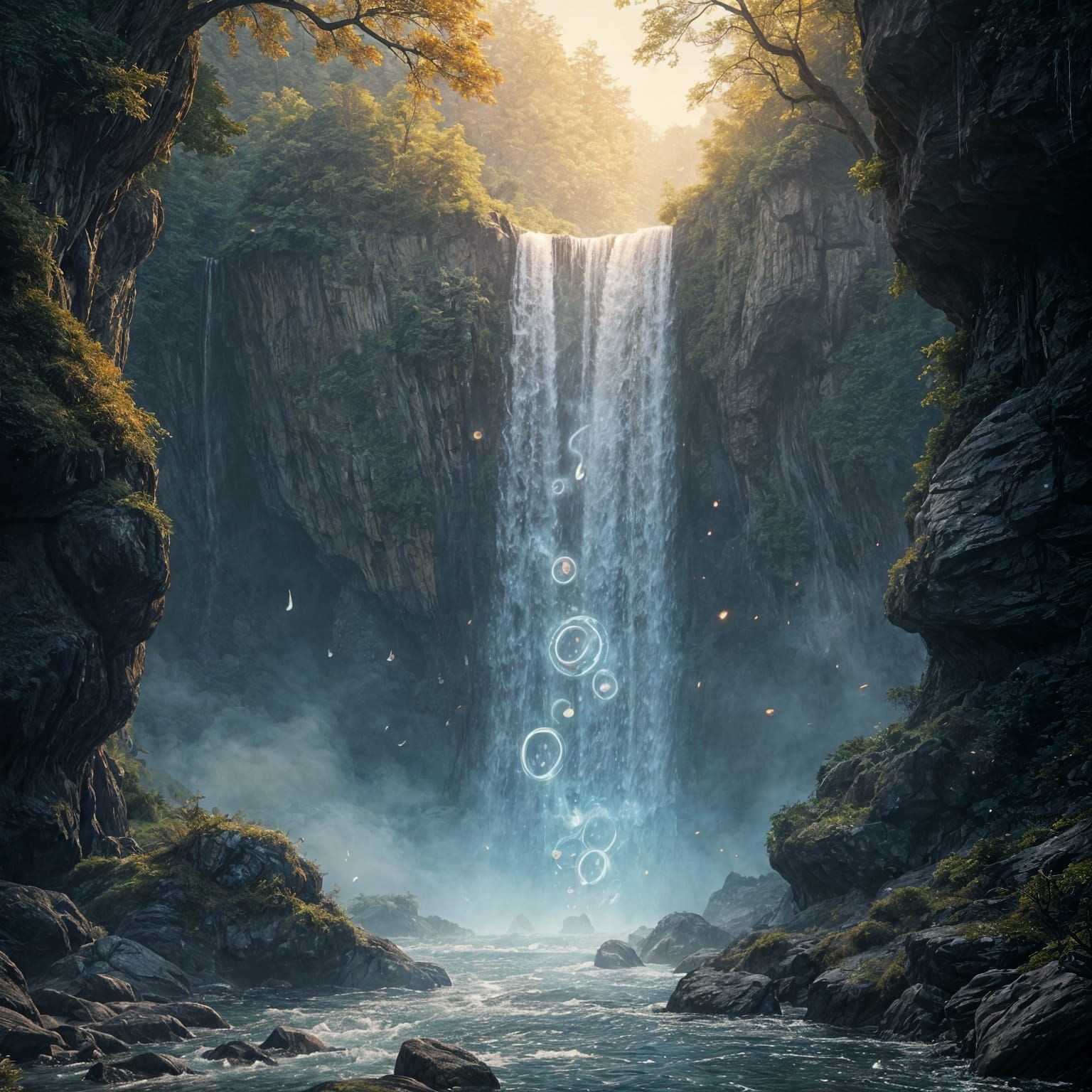 Tarot Cards Flowing Down a Waterfall in Vibrant Fantasy Art