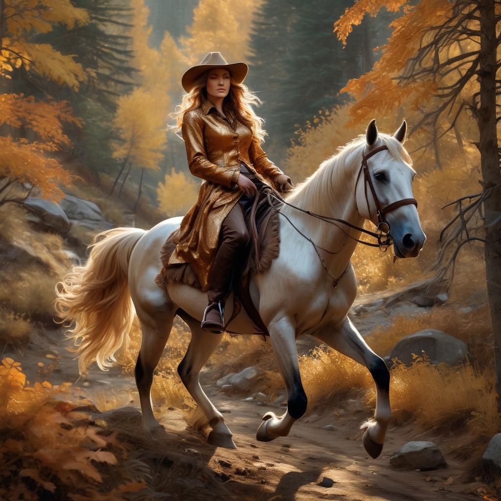 Cowgirl in Mountains, Botticelli-Style UHD Painting