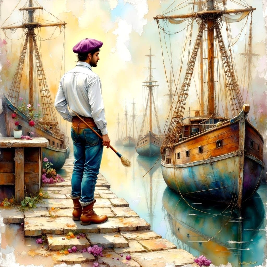 Painter on Dock in Watercolor Impasto Style