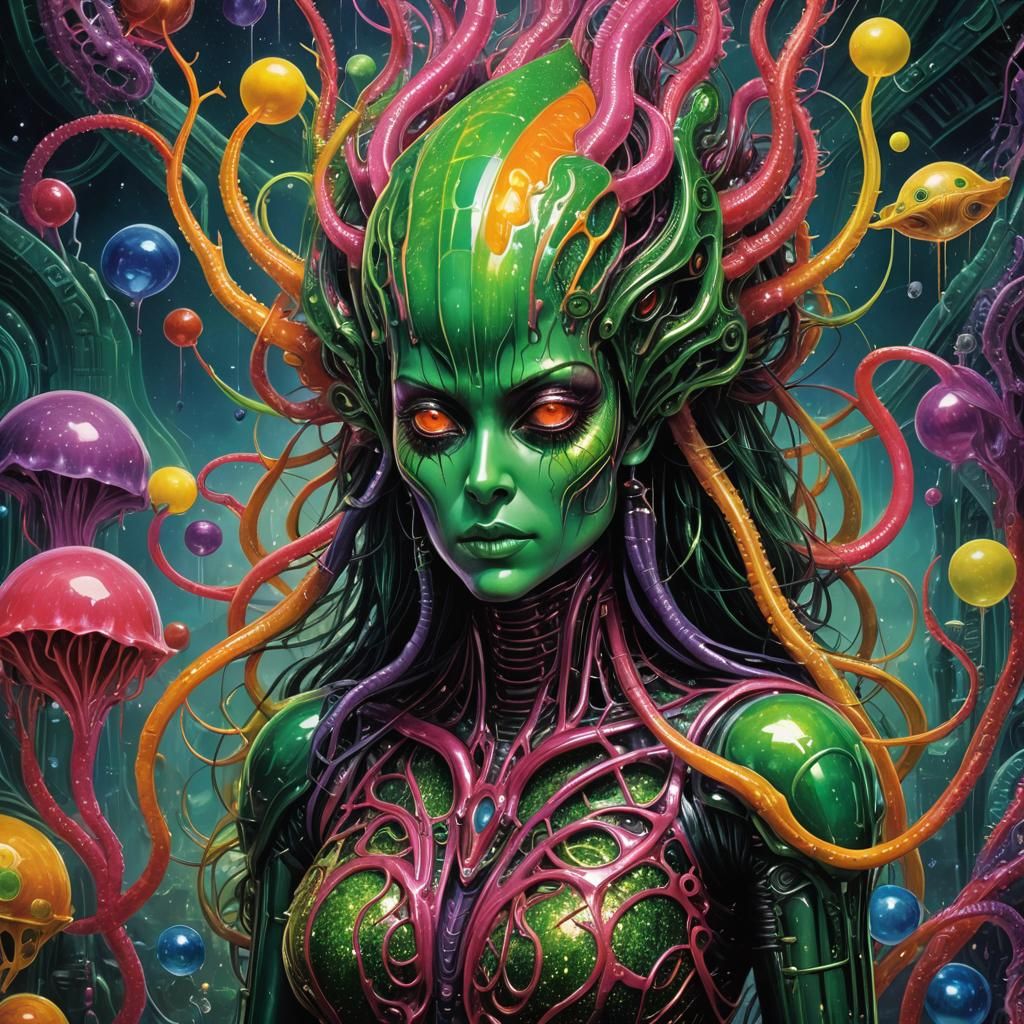 Giger-esque Alien Jellyfish in Bioluminescent Cave