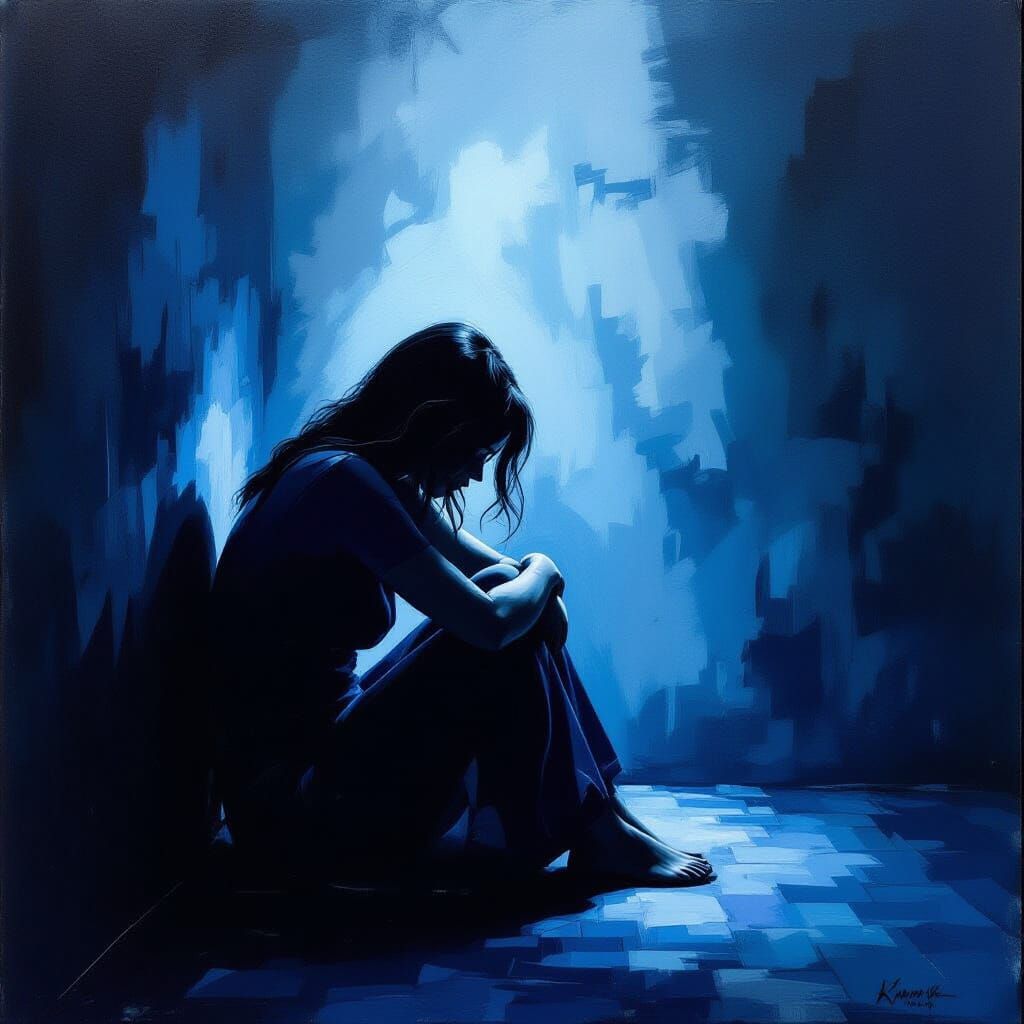 Sad Woman in Shadowy Room, Hyperrealistic Impasto Art