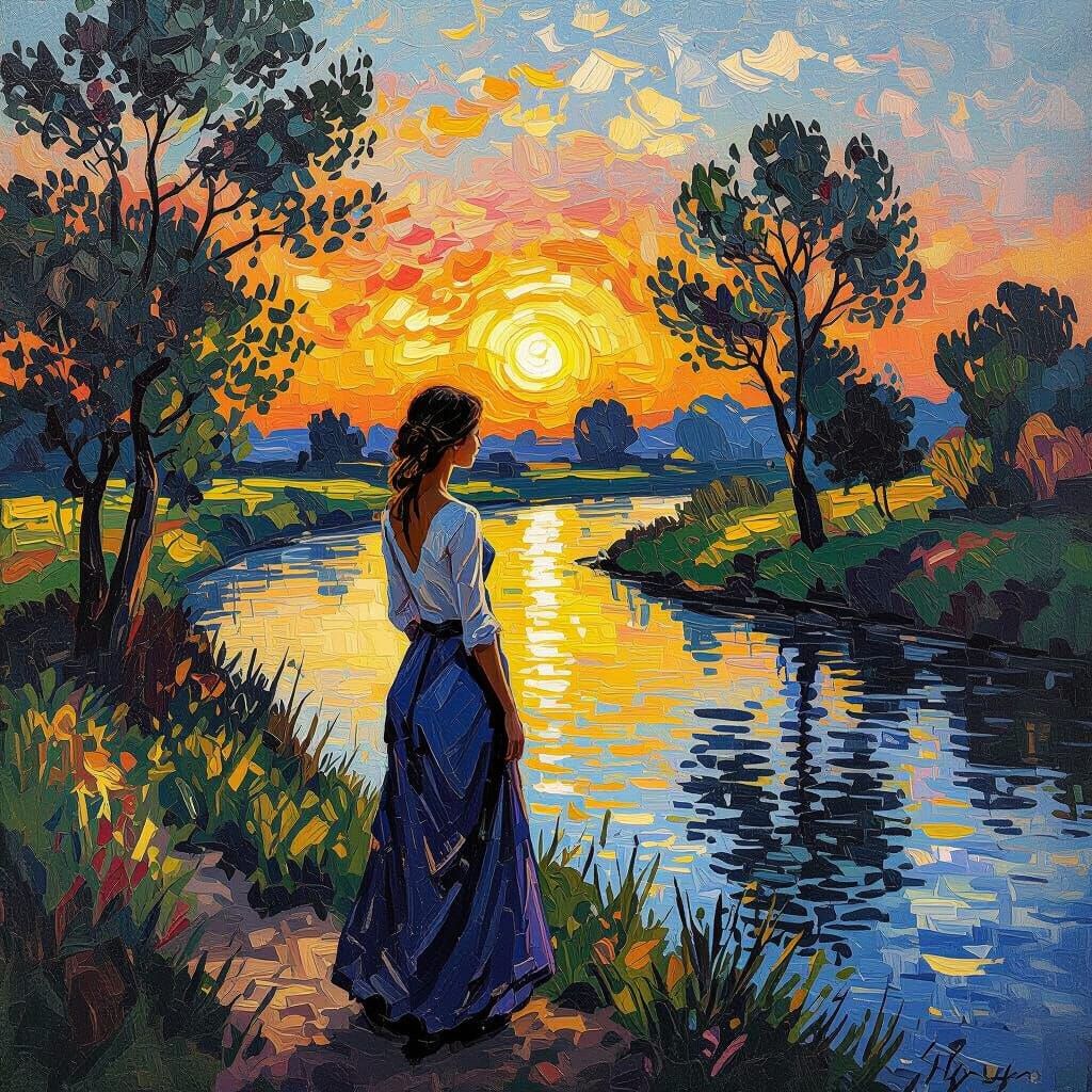 Sunset River Scene in Post-Impressionist Style
