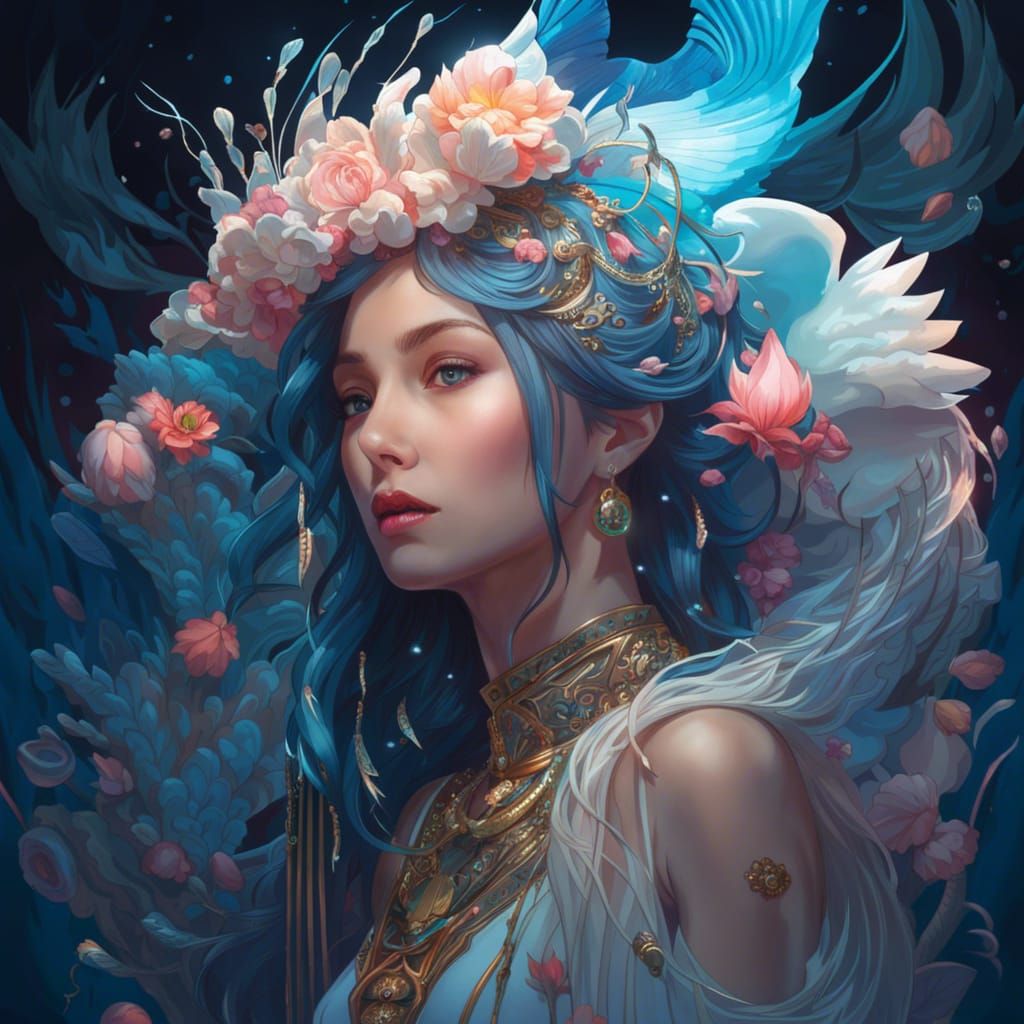 Goddess with Ram Skull Crown in Anime Style