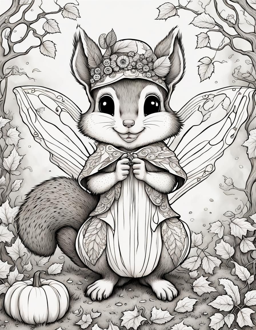 Autumn Fairy Squirrel in Klimt-Inspired Line Art