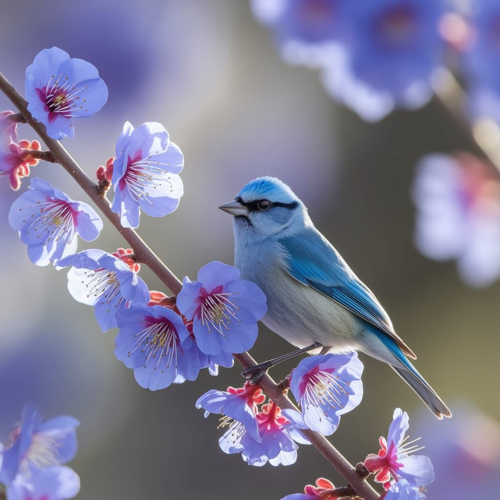 Indigo Bunting with Blue Blossoms in Natural Light