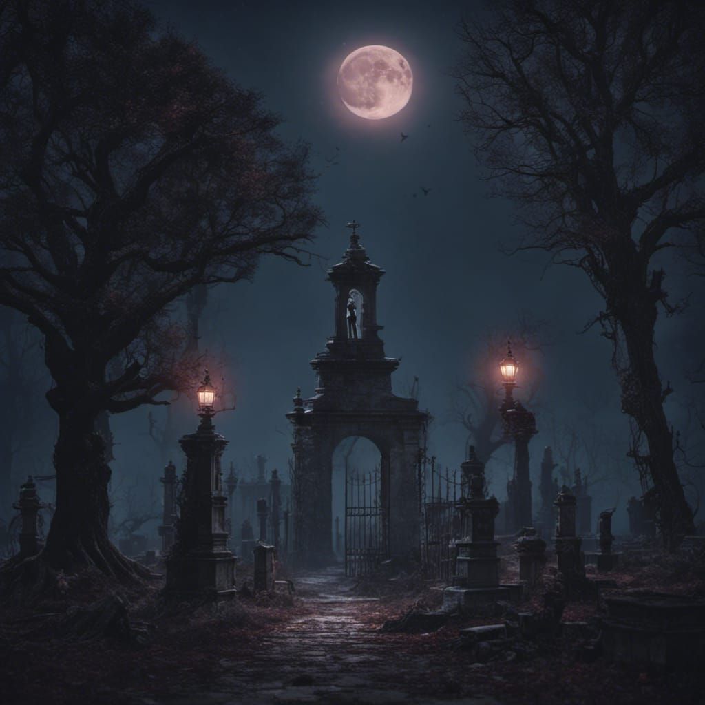 Creepy Cemetery at Night with Dark Figure