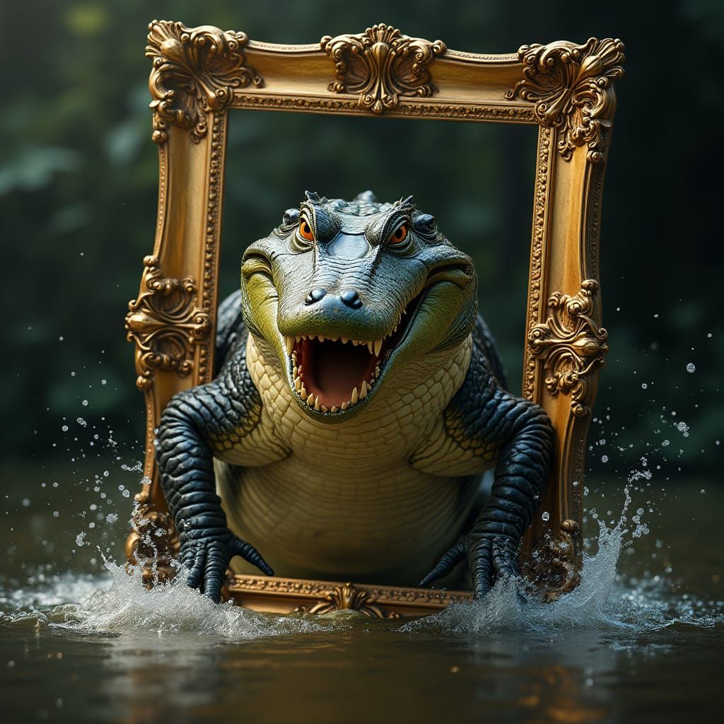 Fierce Alligator Emerges From Ornate Golden Photo Frame
