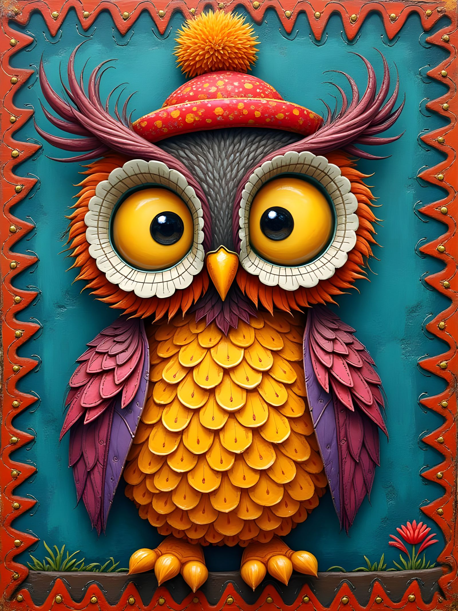 Cartoon Owl with Quilted Feathers in Folk Art Style