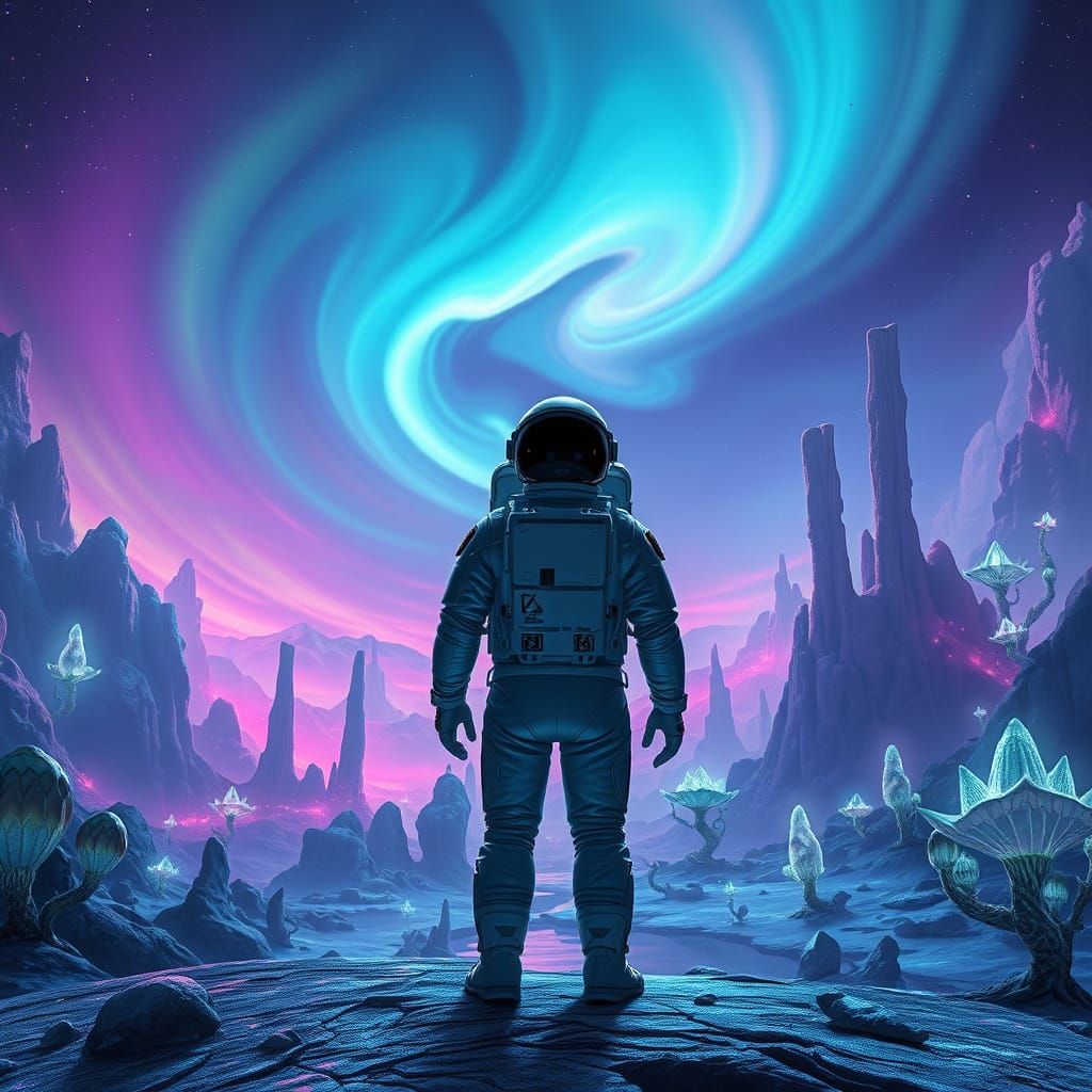 Astronaut on Alien Planet Under Aurora