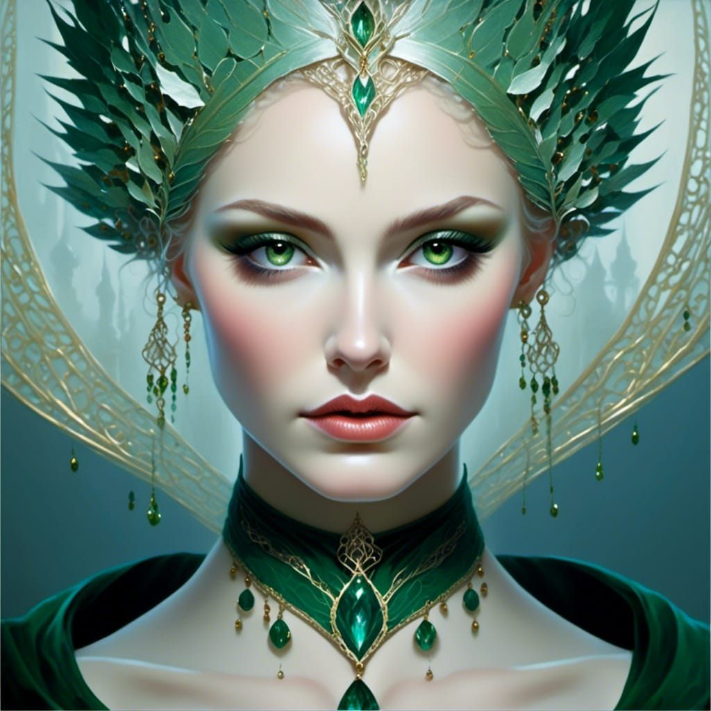 Elven Woman in Green Gown, Fantasy Art
