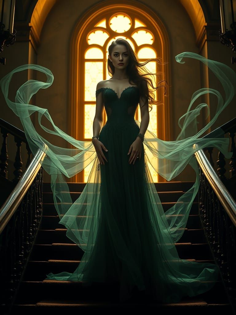 Ethereal Woman Ascends Gothic Staircase in Golden Light