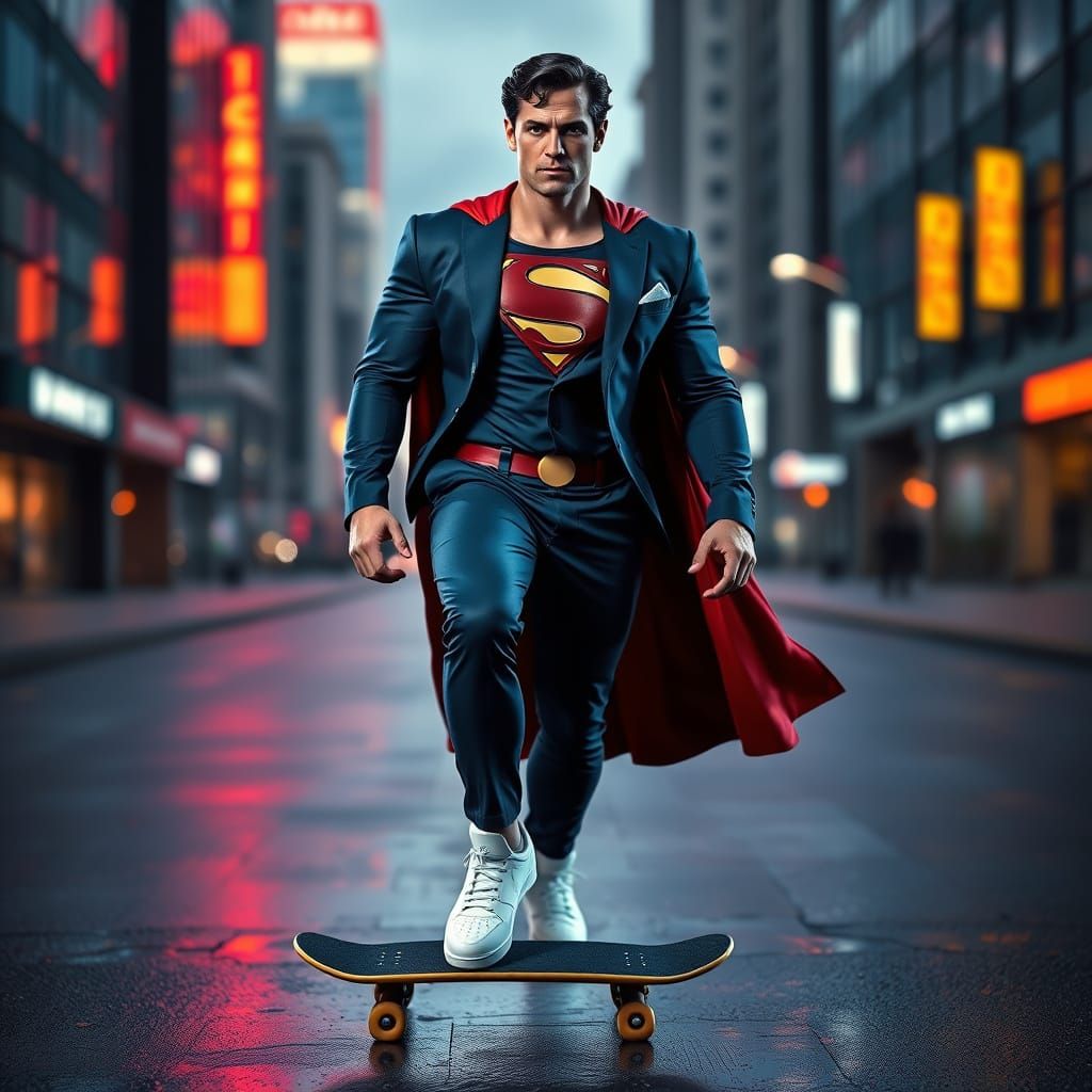 Superman on Skateboard in Cityscape, Hyperrealistic