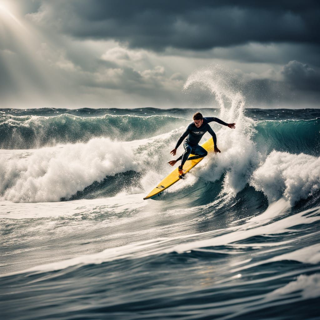 Young Surfer Riding a Wave in Hyper-Realistic Style