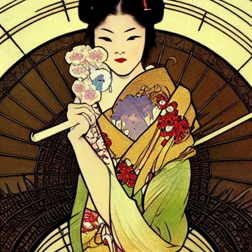 Geisha with Oni Mask in Art Nouveau Style