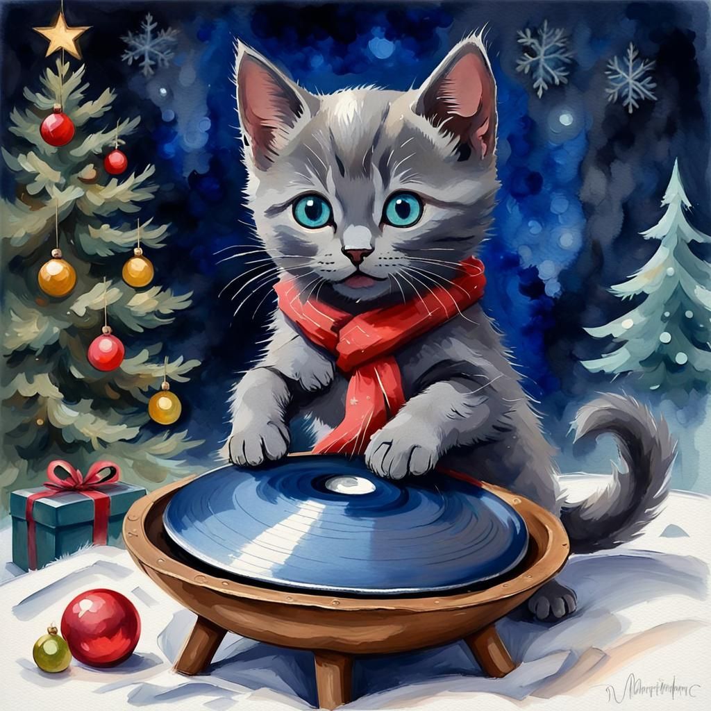 Kitten Plays Christmas Carols: Gouache-Style Masterpiece