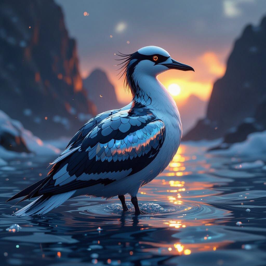 Sleek Seabird with Reflective Feathers in Dark Fantasy Style