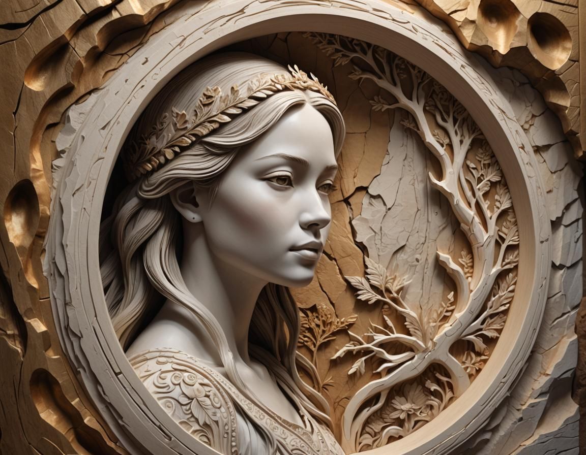 White Wenge Wood Carving of Woman in Cave