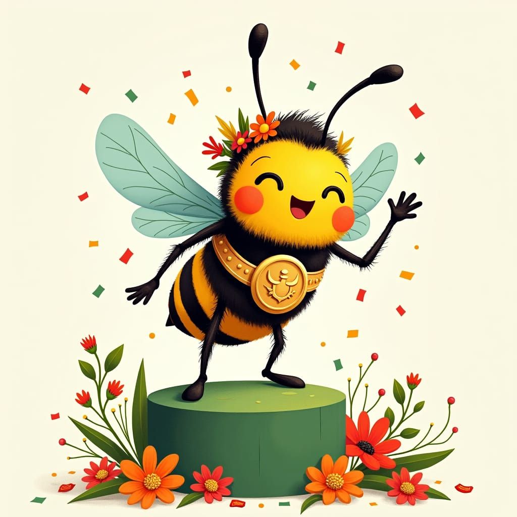 Victorious Bee Champion in Whimsical Illustration Style