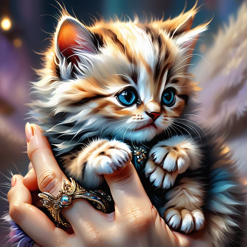 Microscopic Kitten on Thumb in Dark Fantasy Style