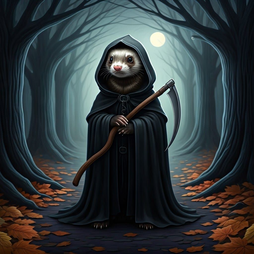 Ferret Reaper in Misty Forest, Dark Fantasy Art