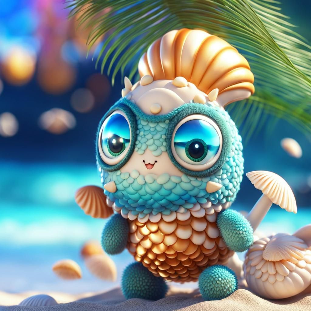 Kawaii Shell Creature on Beach in 3D Anime Style