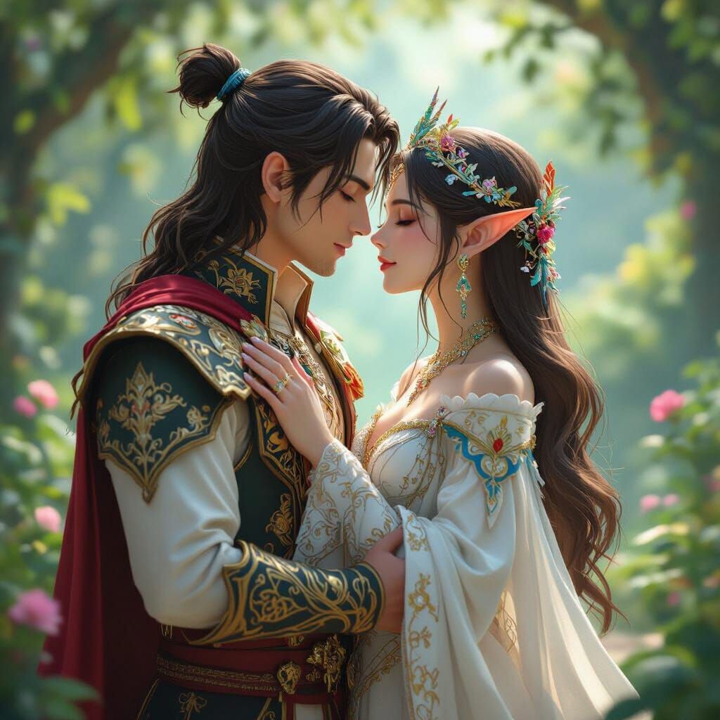 Human Man Kisses Elven Princess in Lush 3D Anime Style