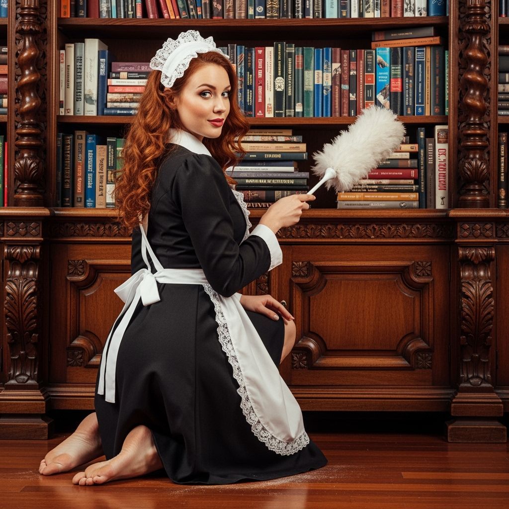 Maid Dusting Bookcase in Classic Photography Style